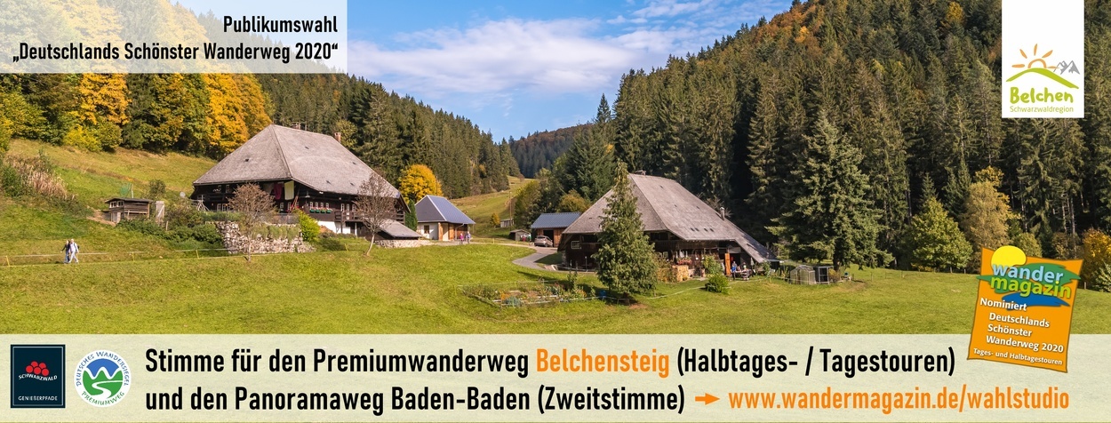 Wählen Sie den Belchensteig zu Deutschlands Schönster Wanderweg 2020. Herzlichen Dank für Ihre Unterstützung! Wählen Sie den Belchensteig zu Deutschlands Schönster Wanderweg 2020. Herzlichen Dank für Ihre Unterstützung!